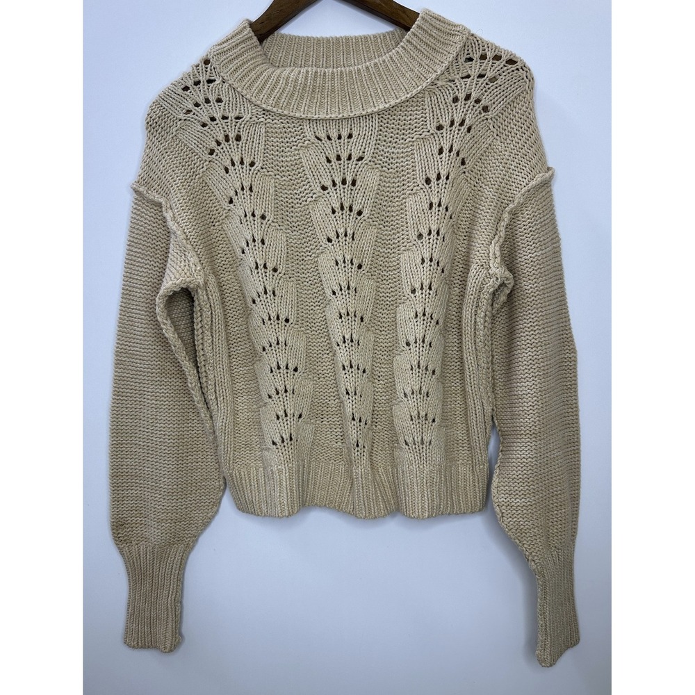 Free People Cropped Pullover Sweater Bell Song Crew Neck Open Knit Tan Small - Picture 7 of 15